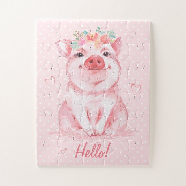 Adorable Watercolor Pink Pig Personalised Jigsaw Puzzle (Vertical)