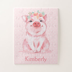Adorable Watercolor Pink Pig with Name Jigsaw Puzzle