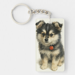Adorable Watercolor Pomchi Puppy Portrait  Key Ring