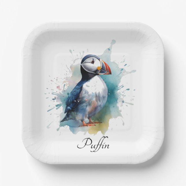 Adorable Watercolor Puffin, custom Paper Plate (Front)