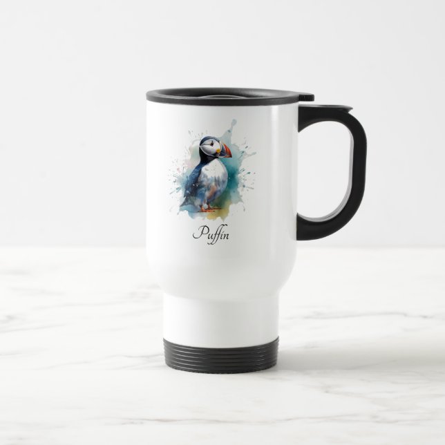 Adorable Watercolor Puffin, custom Travel Mug (Right)