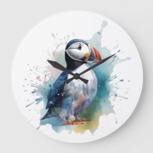 Adorable Watercolor Puffin Large Clock