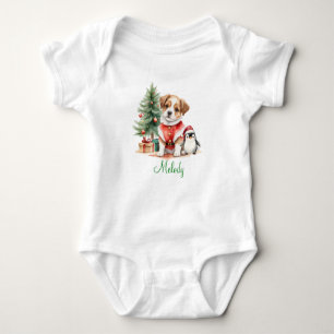 Adorable Watercolor Puppy Dog with Little Penguin Baby Bodysuit