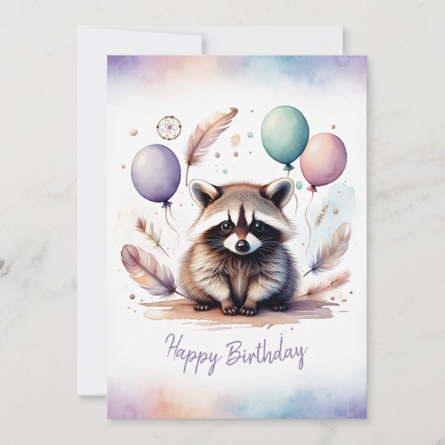 Adorable Watercolor Raccoon Happy Birthday Holiday Card (Front)