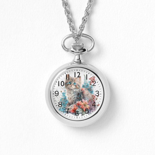 Adorable Watercolor Siberian Kitten Print Watch (Front)