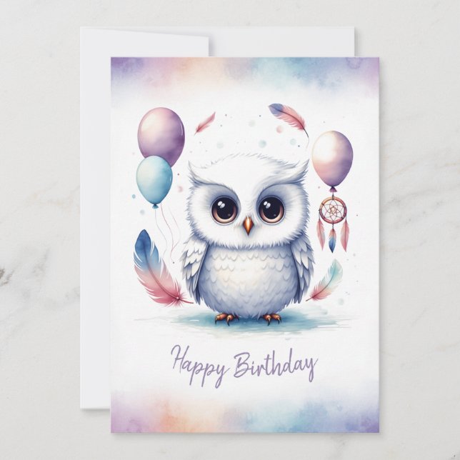 Adorable Watercolor Snowy Owl Happy Birthday Holiday Card (Front)