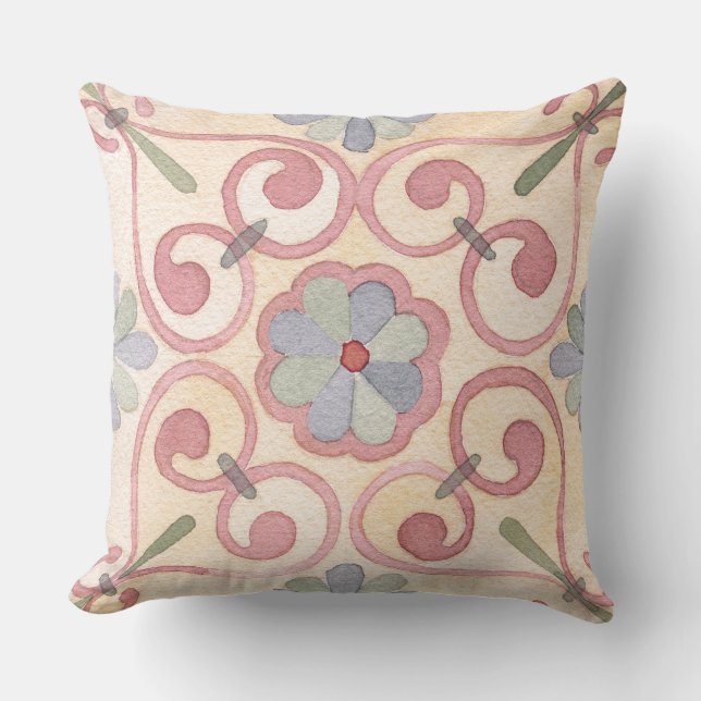 Adorable watercolor Spanish tile floral pattern Cushion (Front)