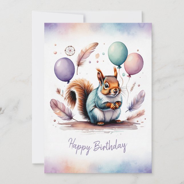 Adorable Watercolor Squirrel Happy Birthday Holiday Card (Front)
