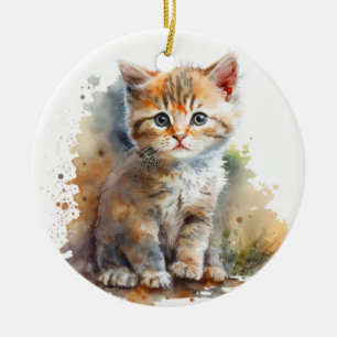 ADORABLE WATERCOLOR TABBY KITTEN CERAMIC TREE DECORATION