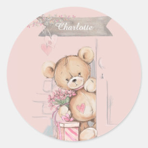 Adorable Watercolor Teddy Bear Baby Shower Square  Classic Round Sticker
