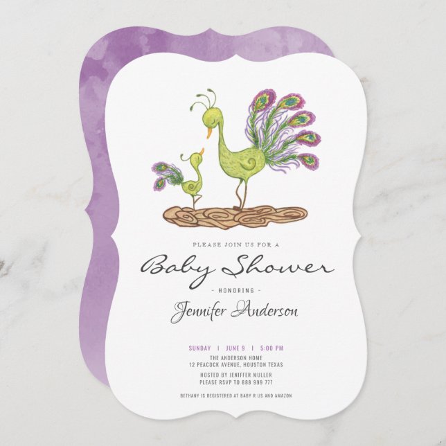 Adorable watercolour peacock baby shower invitation (Front/Back)