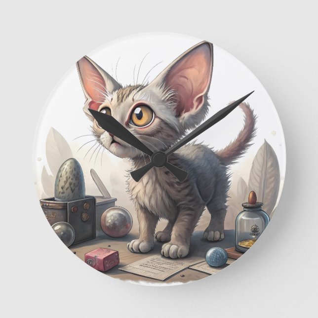 Adorable Weird Cat with Big Eyes Round Clock (Front)