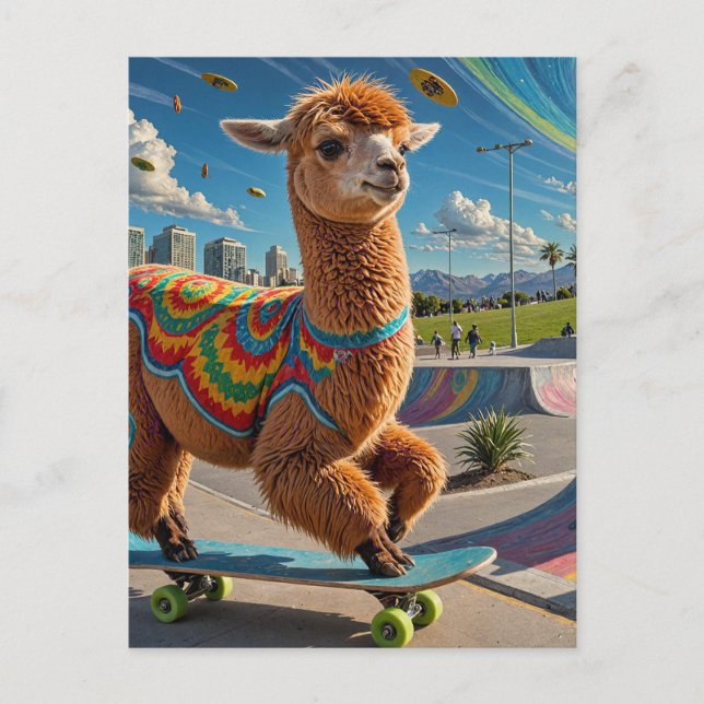 Adorable Weird Skateboarding Alpaca Postcard (Front)