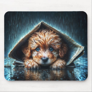 Adorable wet puppy under newspaper shelter  mouse pad