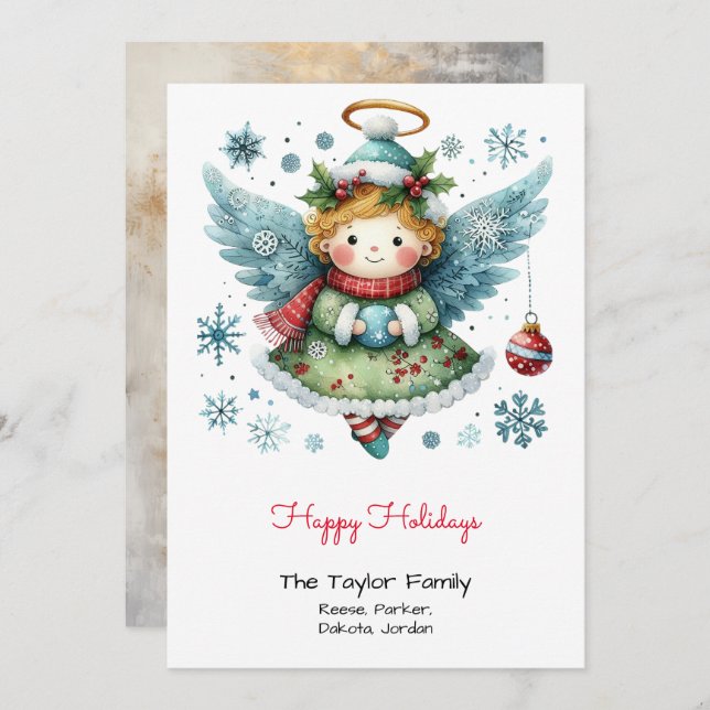Adorable Whimsical Angel Illustration Happy  Holiday Card (Front/Back)