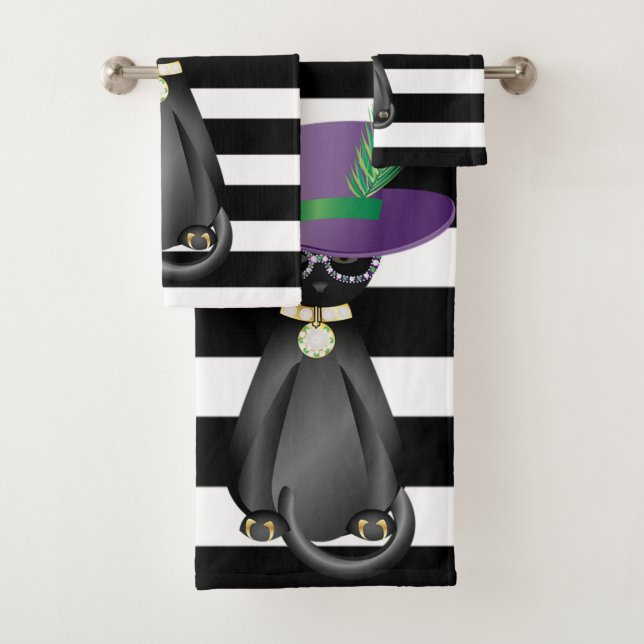 Adorable Whimsical Cat, Stripes Bath Towel Set (Insitu)