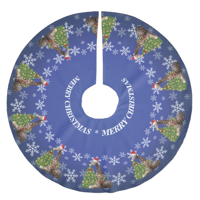 Adorable Whimsical Christmas Giraffes on Blue Brushed Polyester Tree Skirt (Front)