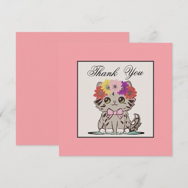 Adorable Whimsical Grey Kitty Flat Thank You Card (Front/Back)