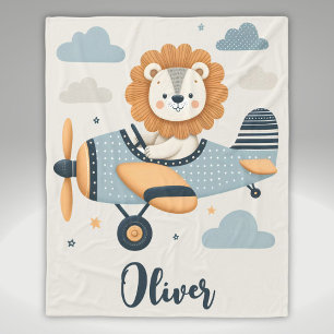 Adorable Whimsical Lion on Charming Aeroplane Fleece Blanket