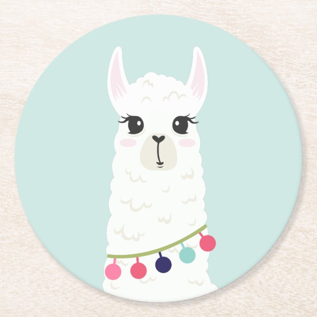 Adorable White Alpaca Round Paper Coaster (Front)