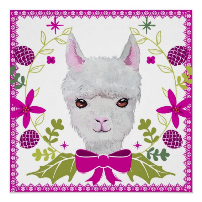 Adorable White Baby Llama With Fuchsia Pink Green Poster (Front)