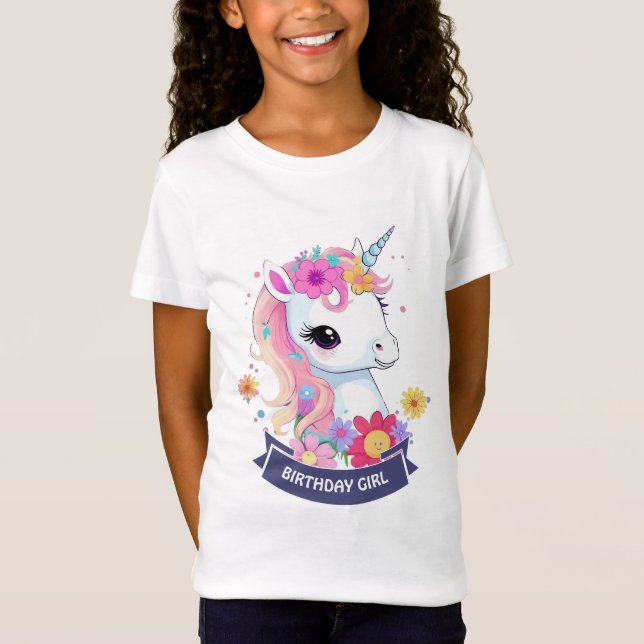 Adorable White Baby Unicorn with Flowers T-Shirt (Front)