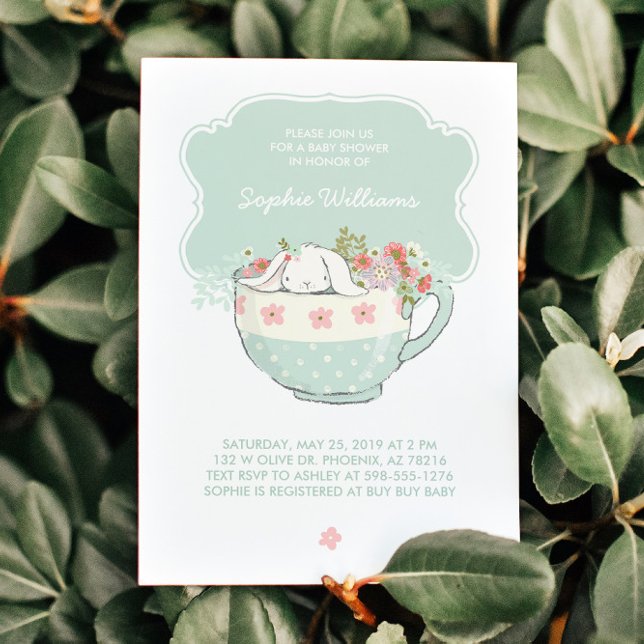 Adorable White Bunny in a Tea Cup Baby Shower Invitation (Creator Uploaded)