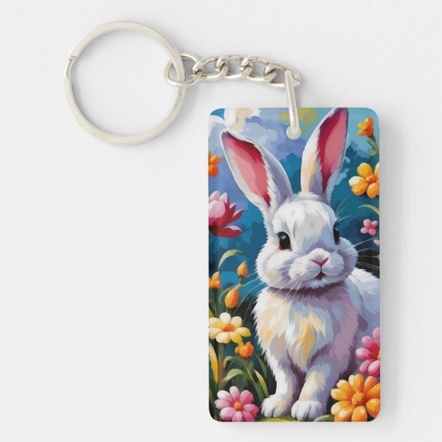 Adorable White Bunny Surrounded by Vibrant Flowers Key Ring (Front)