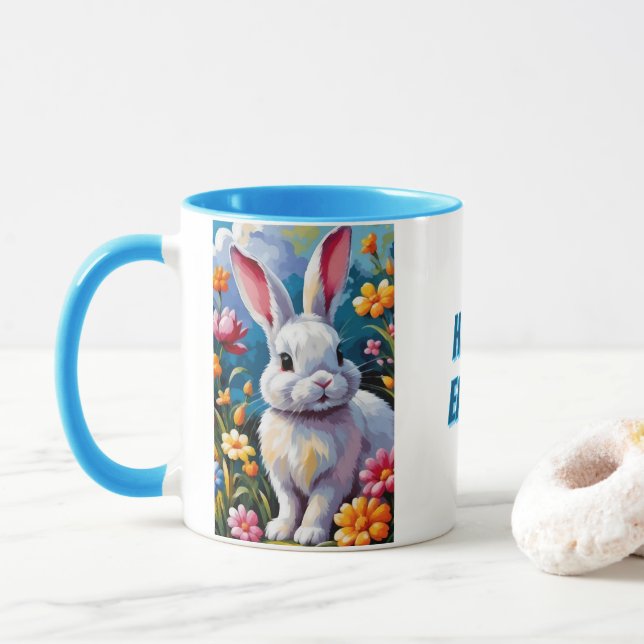 Adorable White Bunny Surrounded by Vibrant Flowers Mug (With Donut)