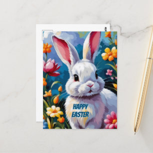 Adorable White Bunny Surrounded by Vibrant Flowers Postcard