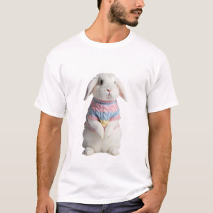 Adorable White Bunny Wearing Pastel Knitted T-Shirt