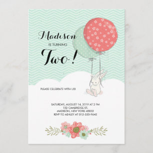Adorable White Bunny with Balloons Birthday Party Invitation
