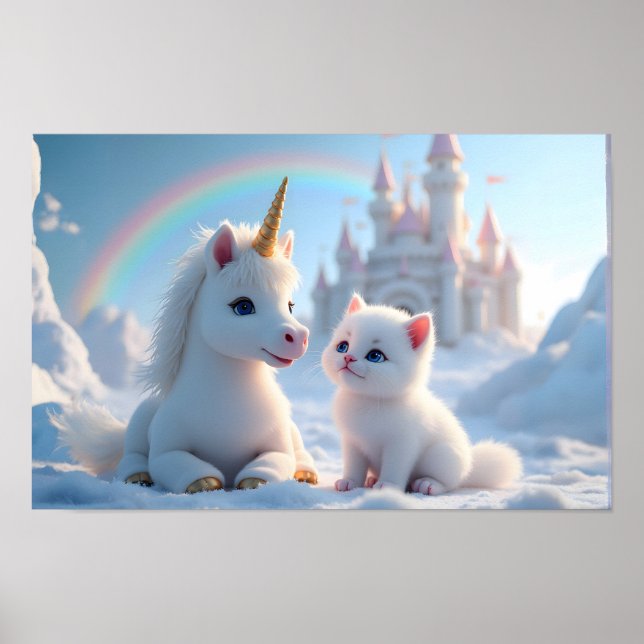 Adorable White Kitten and Baby Unicorn Poster (Front)