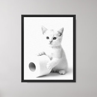 Adorable White Kitten Holding Toilet Paper Minimal Canvas Print