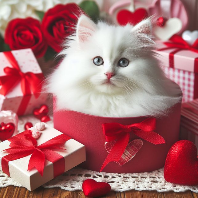 Adorable White Kitten in Box Funny Valentine  Holiday Card (Creator Uploaded)