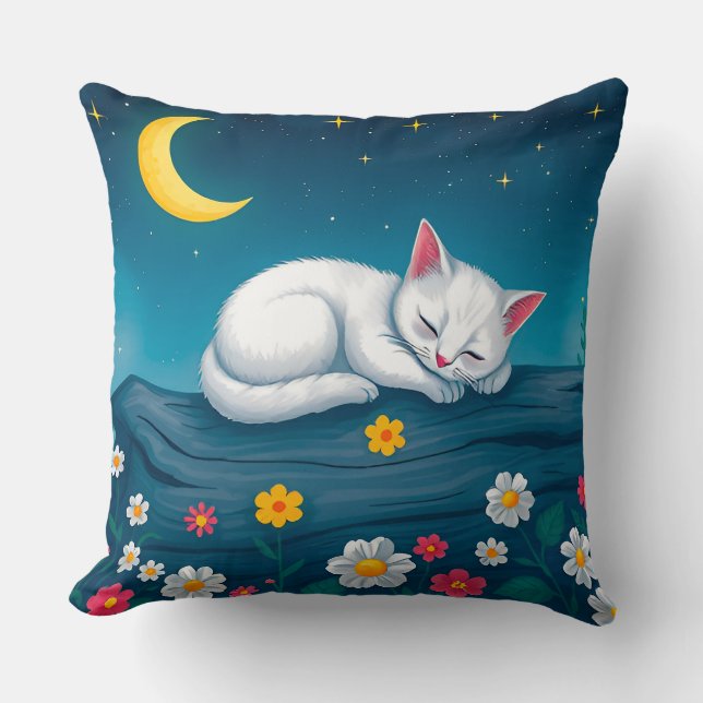 Adorable White Kitten Sleeping On Tree at Night Cushion (Front)