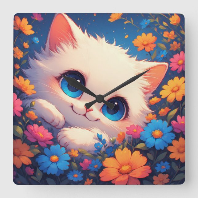 Adorable White Kitten With Bright Blue Eyes Square Wall Clock (Front)