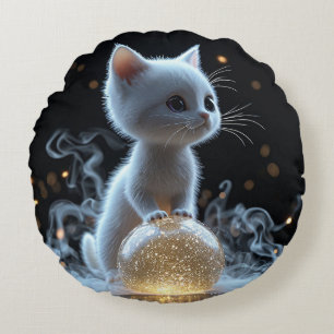 Adorable White Kitten with Mystic Glow Round Cushion
