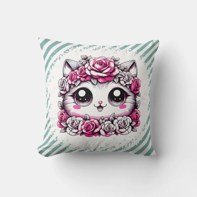 Adorable White Kitten with Rose Crown  Cushion (Front)