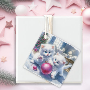 Adorable White Kittens Pink Christmas Favour Tags