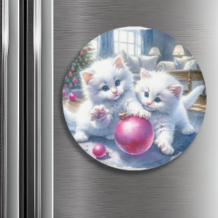 Adorable White Kittens Pink Christmas Magnet