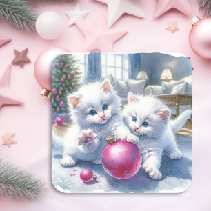 Adorable White Kittens Pink Christmas Square Sticker