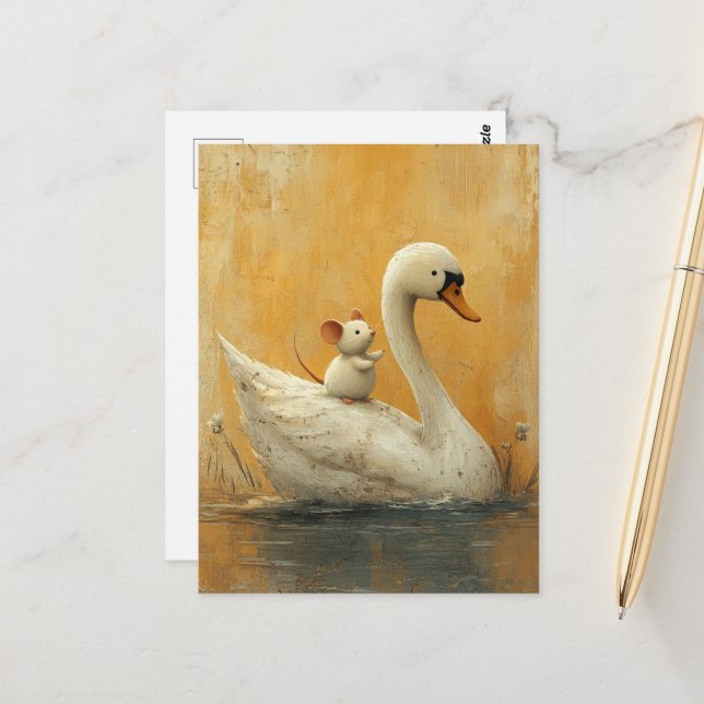 Adorable White Mouse Hitches a Ride on a Swan Postcard (Front/Back In Situ)