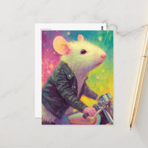 Adorable White Mouse in a black leather jacket Postcard