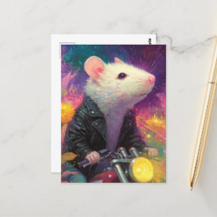 Adorable White Mouse in a black leather jacket Postcard