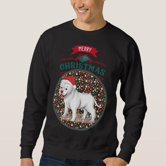 Adorable White Pitbull With Santa Hat Merry Christ Sweatshirt (Front)