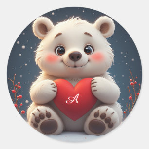 Adorable White Polar Bear Cub Holding a Red Heart Classic Round Sticker