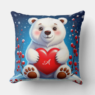 Adorable White Polar Bear Cub Holding a Red Heart Cushion