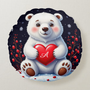 Adorable White Polar Bear Cub Holding a Red Heart Round Cushion