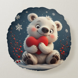 Adorable White Polar Bear Cub Holding a Red Heart Round Cushion